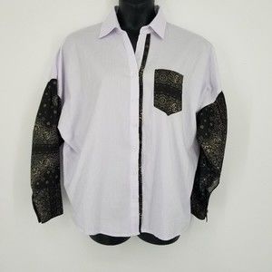 POL  oversized 100% cotton white button front shirt black printed accent S